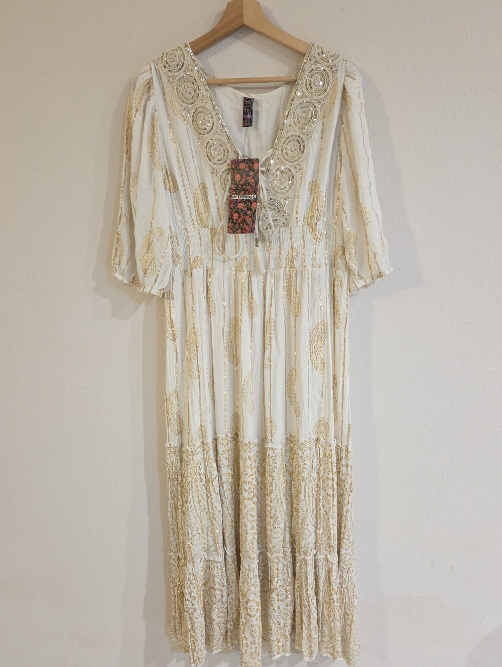 Bohemian Embroidered Maxi Dress in Cream and Gold
